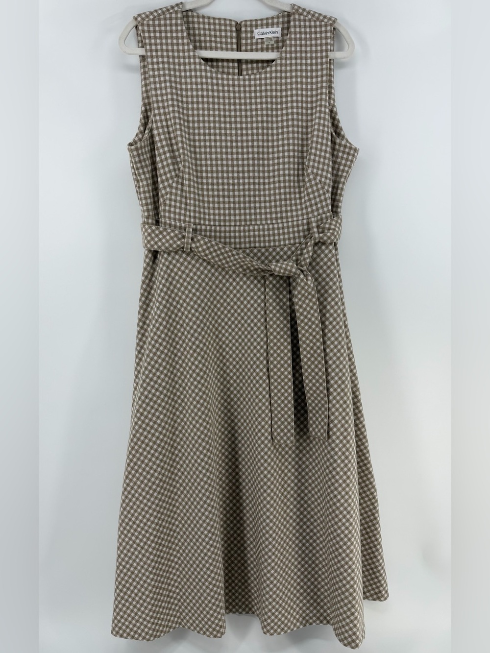 Calvin Klein Taupe White Gingham Tie Waist Sleeveless Midi Dress, Women's 14